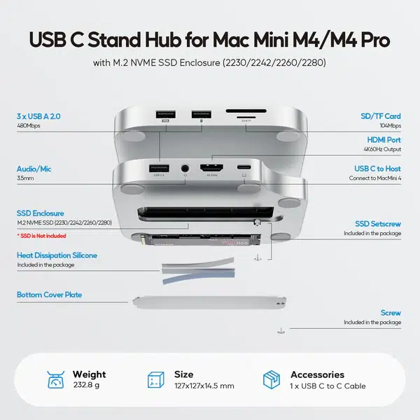 PULWTOP Mac Mini M4 USB-C Hub 9-in-1 with M.2 SSD Case & Stand - Image 4