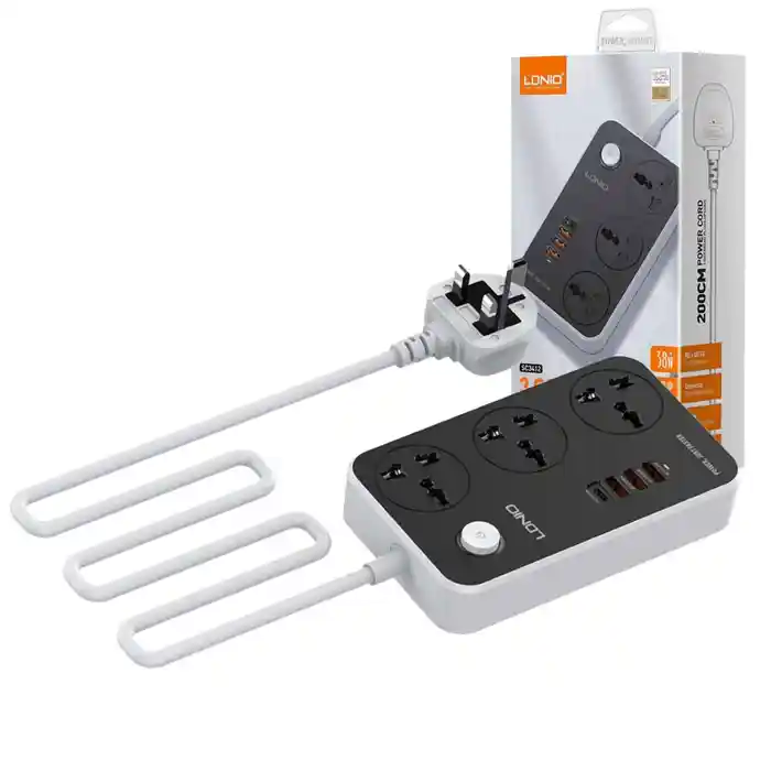 LDNIO SC3412 38W Power Strip – 3 AC Outlets + 3‑Port USB Charger
