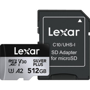 Lexar Silver Plus 512GB Micro SD Card Up to 205MB/s Read, 150MB/s Write, microSDXC UHS-I U3 V30 A2 Class 10 with Adapter, 4K UHD Memory Card