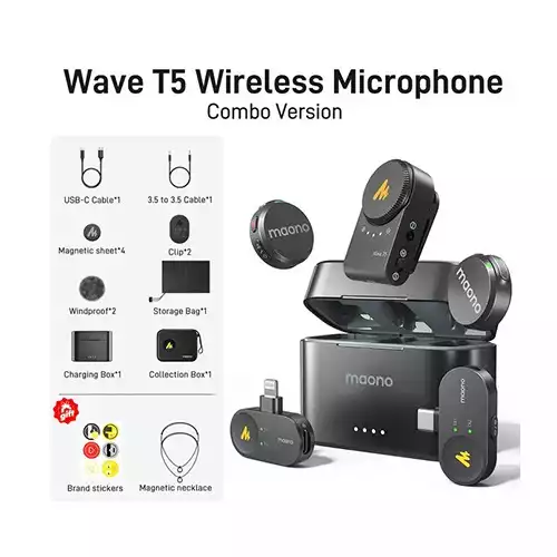 Maono Wave T5 Wireless Lavalier Microphone Combo – Dual Transmitters, Noise Cancellation - Image 3
