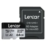 Lexar Silver Plus 64GB Micro SD Card Up to 205MB/s Read, 150MB/s Write, microSDXC UHS-I U3 V30 A2 Class 10 with Adapter, 4K UHD Memory Card