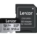 Lexar Silver Plus 512GB Micro SD Card Up to 205MB/s Read, 150MB/s Write, microSDXC UHS-I U3 V30 A2 Class 10 with Adapter, 4K UHD Memory Card